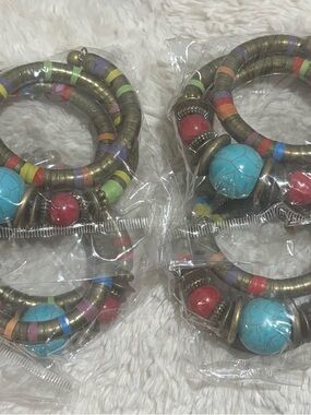 Colorful Beaded Coil Bracelet with Turquoise & Coral snakeskin accents